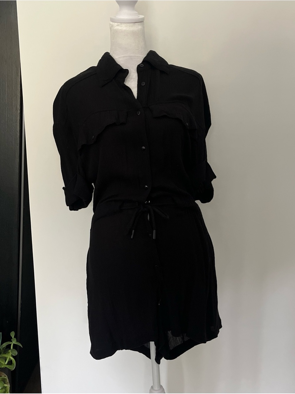 Elan Black Crinkled Button-Front Dress